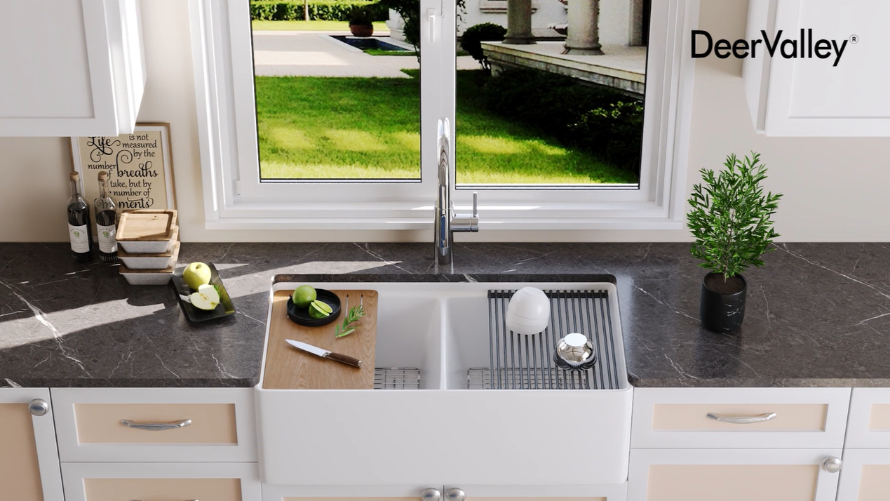 DeerValley Farmhouse Sink Workstation, 33 inch White Fireclay